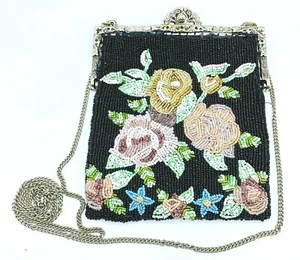 Vtg Christiana Black Beaded Floral Roses Flapper Crossbody Shoulder Bag Purse - Picture 1 of 9