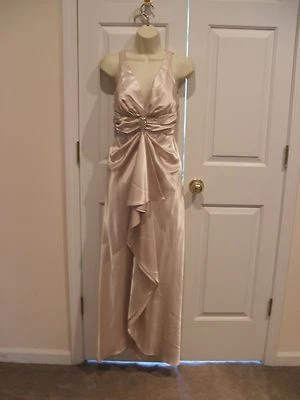 NWT $178 SEDUCTION CHAMPAGNE SATIN FORMAL GOWN SIZE 1-2 - Image 1 of 3