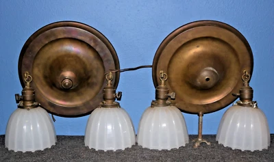 Antique 2 Double Light Milk Glass and Brass Ceiling Lights - Image 1 of 4