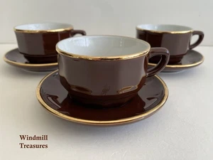 3 APILCO NESCAFE CAPPUCCINO BROWN GOLD BREAKFAST CUPS & SAUCERS  BISTROWARE fab - Picture 1 of 8