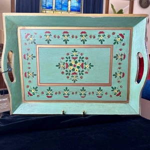 Vintage Pier 1 Green Wood Tole Tray Floral Folk Art Style 17x13 Hand Painted - Picture 1 of 13