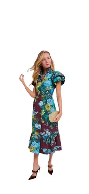 NUEVO Vestido Midi Tuckernuck XS Alice Algodón Volantes Dobladillo Sangre de Buey Verde Floral Nuevo con Etiquetas Foto 1 de 4