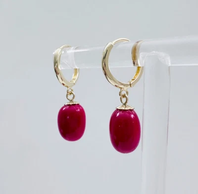 Estate 14K Yellow Gold Natural Red Coral Drop Dangle Huggie Mini Hoop Earrings - Image 1 of 4