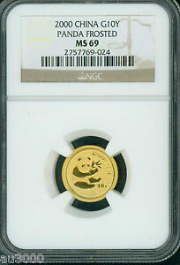 2000 Frosted GOLD CHINESE PANDA 1/10 OZ. 10Y G10Y NGC MS69 MS-69 CHINA 10 YUAN