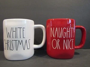 RAE DUNN By Magenta Set of 2 Mugs RED "Naughty or Nice" WHITE "White Christmas" - Picture 1 of 8