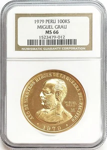 1979 GOLD PERU 100,000 SOLES MIGUEL GRAU HEROES COIN NGC MINT STATE 66 - Picture 1 of 2