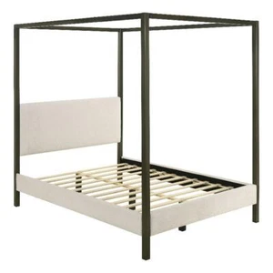 Coaster Monroe Fabric Upholstered Queen Canopy Bed Vanilla and Bronze - Picture 1 of 5
