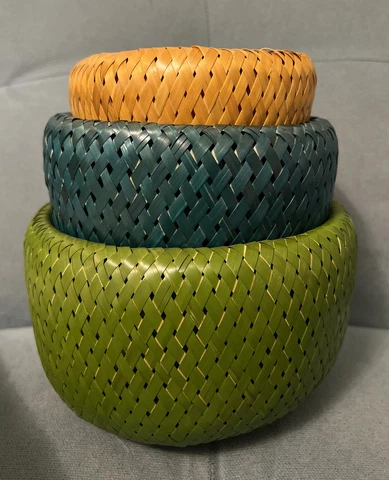 Vintage Bambu Double Wall Tall Nesting Bowls Set of 3 Blue Green Yellow Cover
