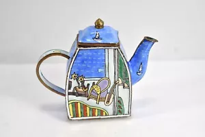 By The Sea Enameled Teapot- Miniature Tiny Copper With Hand Painted Scene NIB - Picture 1 of 5
