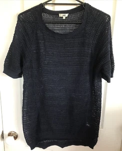 Jag Womens Top Size L Navy Blue Knit Short Sleeves Patterned Knit Sheer Cotton - Picture 1 of 14