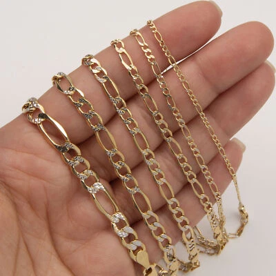 10K Yellow White Gold Diamond-Cut Figaro Link Chain Anklet All Sizes - Image 1 of 4