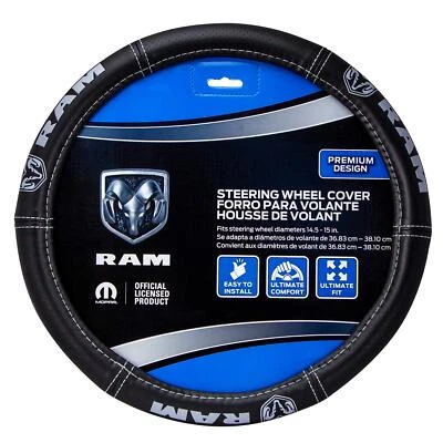 Dodge Ram Deluxe Elite Synthetic Leather Like Steering Wheel Cover - Gray Logo - Image 1 of 4