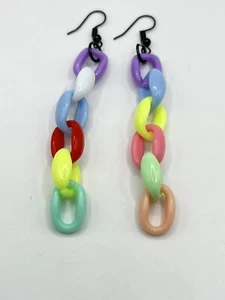 Fun Acrylic Bright Crazy Mix Link Chain Dangle Earrings 3.5” - Picture 1 of 6