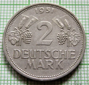 GERMANY POST-WWII FEDERAL REPUBLIC 1951 F 2 DEUTSCHE MARK km# 111 one year type - Picture 1 of 6