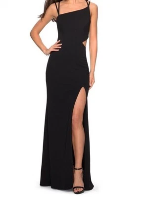 LA FEMME Women’s Black High Slit Strappy Back Gown Size 6 - Image 1 of 4