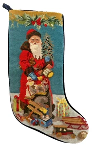 Vtg Wool Needlepoint Old World Santa With Toys/Tree Royal Blue Velvet Back 17in - Picture 1 of 7