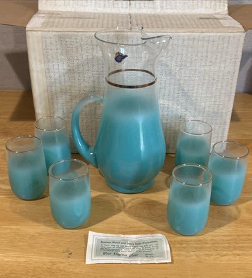 NOS 7 件西弗吉尼亚州玻璃混合玉汁套装原包装盒水罐/眼镜 — 第 1/4 张图片