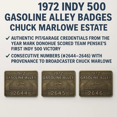 Vintage 1972 Indy 500 Gasoline Alley Pit Badges #2644-2646 Chuck Marlowe Estate - Image 1 of 3