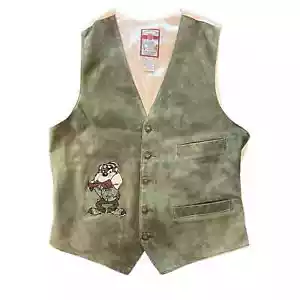 Vintage Looney Tunes Leather Vest Tasmanian Devil "Taz" Embroidered Men's Small - Picture 1 of 6