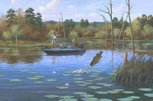BASS Pesca de agua dulce para lubina por David Drinnkard Giclee sobre lienzo Texas - Imagen 1 de 1