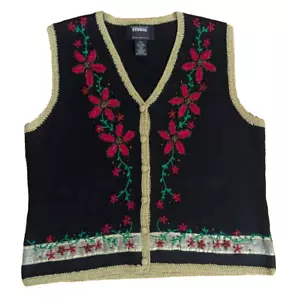 Vtg DESIGNERS ORIGINALS Black Embellished Holiday Vest PL Large Poinsettia U1 - Picture 1 of 8