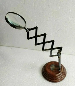 Vintage Magnifier Brass Magnifying Glass on Wooden Style Desktop Tabletop Stand - Picture 1 of 6