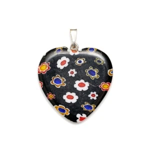 Millefiori Glass Black Red White Blue Yellow Heart Shape Necklace - Picture 1 of 11