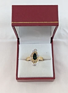 14K Gold Diamond and Green Lab Created Stone Ring Size 7.5 - Picture 1 of 8