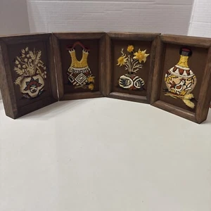 Vintage Signed Set of 4 Framed Crewel Embroidery Native American Pots Flowers - Picture 1 of 15