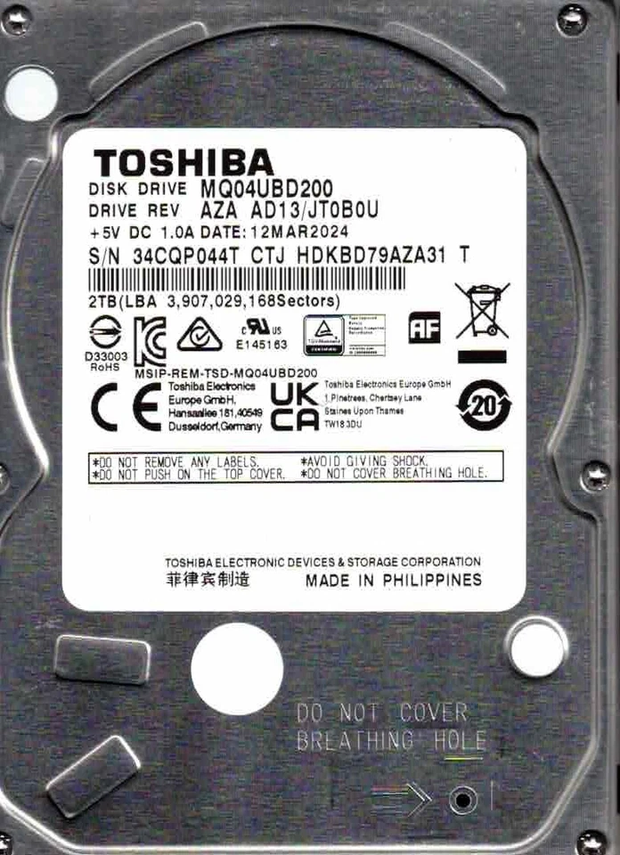 MQ04UBD200, AZA AD13/JT0B0U, CTJ, HDKBD79AZA31 T, TOSHIBA 2TB USB 3.0 MAR 2024 Foto 1 de 1