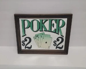 Poker $2 Mirror Wall Sign Wood Frame 13.5" x 10.5" Carnival Glass Fair Prize Vtg - Picture 1 of 10