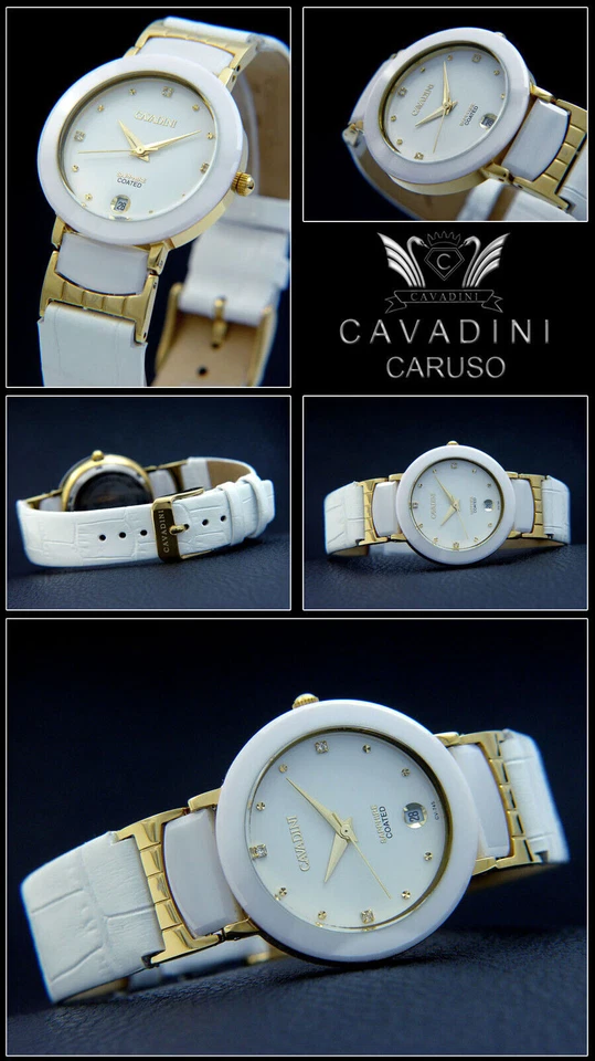 CAVADINI Damenuhr Edelstahl weiße Keramik-Lünette 34 mm Designer CV-745 - Bild 1 von 1