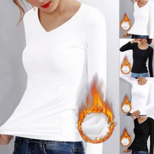 Womens Long Sleeve Thermal Tops Round V-Neck Stretch Winter Warm T-Shirt Soft - Picture 1 of 17