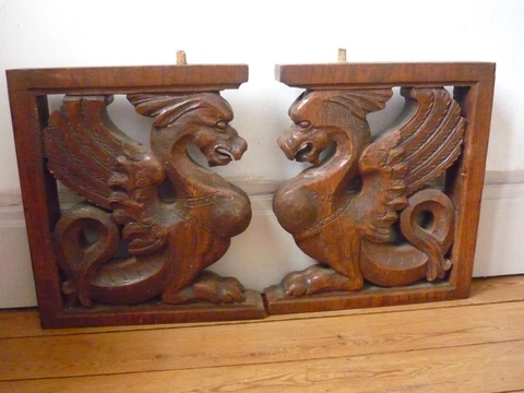Antique PAIR French Pillars Wood Carved Gothic Griffin Dragon Lion Cabinet 19th Cover
