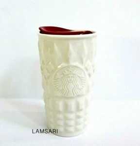 Starbucks 2014 Raised Quilted White Double Wall Ceramic Tumbler Ceramic Lid - Picture 1 of 6