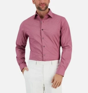 Alfani Puzzle Print Button Down Dress Shirt Rose White Stretch L 16-16.5 34-35 - Picture 1 of 8