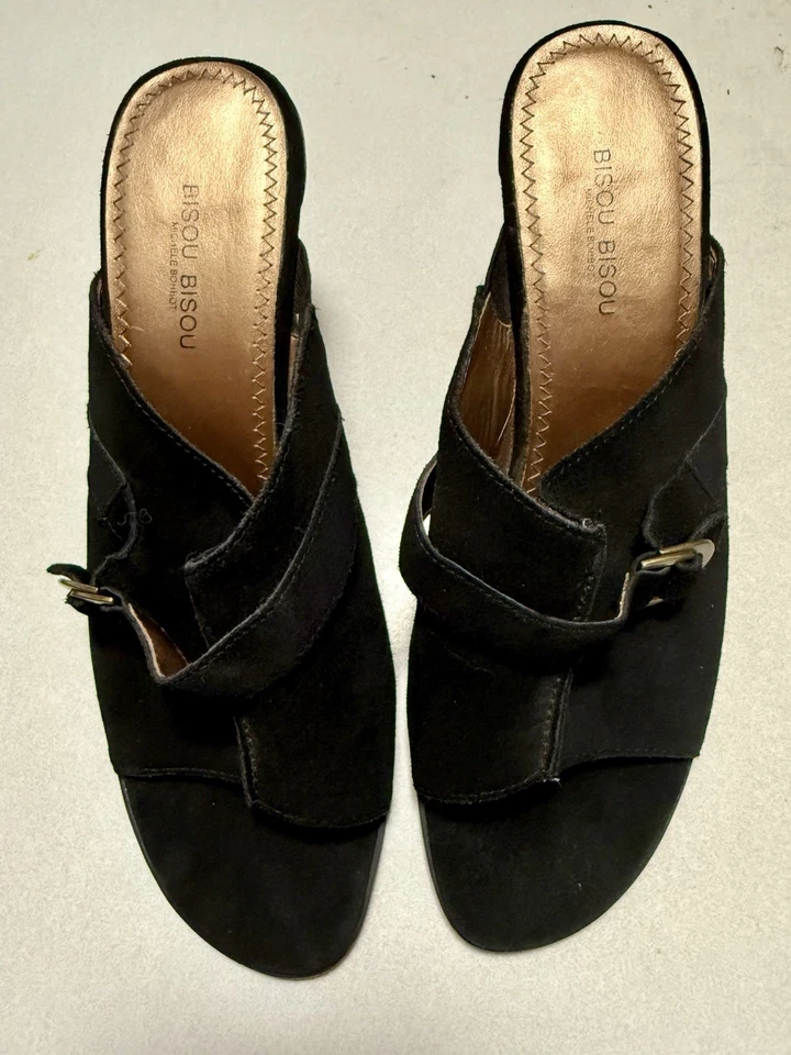 Bisou Bisou, Women's, Open Toe, leather Mule Heels Size US 10  M, Black Suede - Image 1 of 4