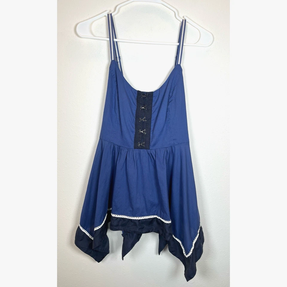 Odille Anthropologie Top Womens Sz 8 Scarf Hem Sleeveless Nautical Blue Cotton - Image 1 of 4
