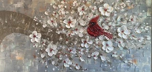 Red Cardinal bird on Tree branch ORIGINAL Art Painting- 48x24” By Susanna Shap - Picture 1 of 11