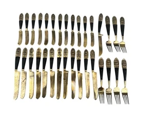 Vintage 32 Piece Siam Nickel Bronze Black Horn Handle Buddha Cutlery Flatware - Picture 1 of 11