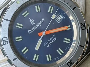 Vintage Chronosport Atlantis 20 ATM Diver w/Blue Dial,Patina,Brevet All SS Case - Picture 1 of 12