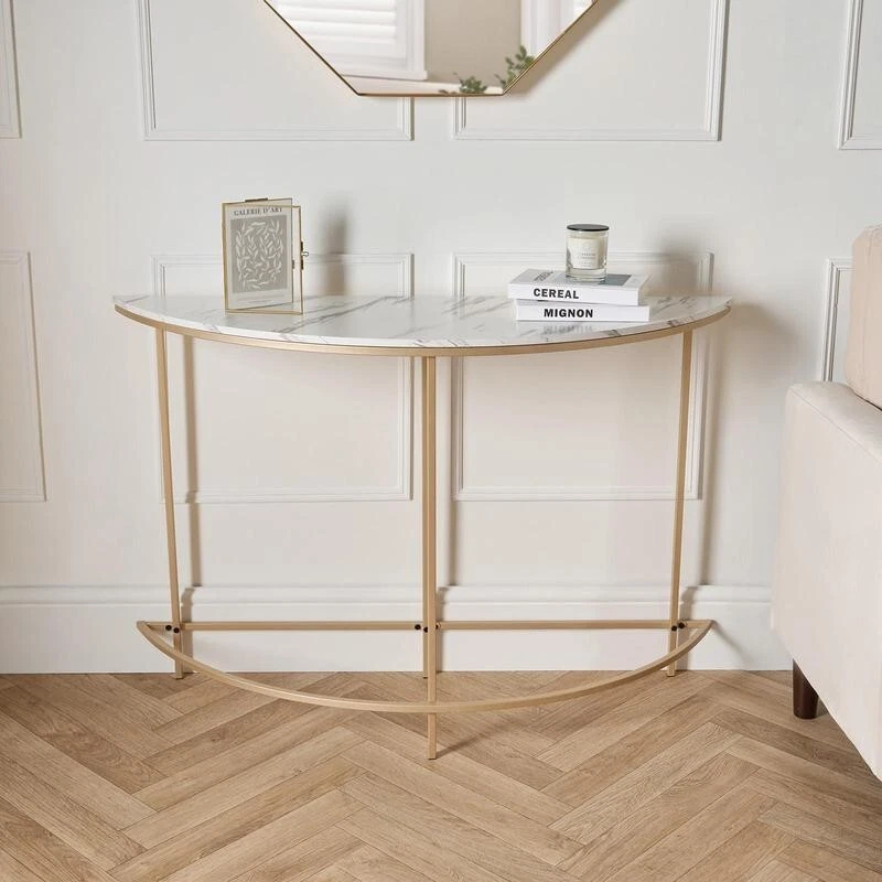 Semi Circle Marble Console Table, Gold Frame, 110x35x76cm Hallway (S) - Image 1 of 4