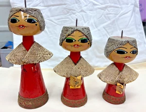 3 Big Eyed Choir Girls Candle Holders Signed Gustavo Mexico, 1 is Missing Book - Picture 1 of 12
