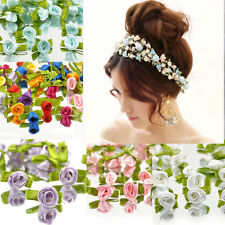 100 Ribbon Satin Rose DIY Flower Decor Bow Appliques Craft Sewing Leaves mixed