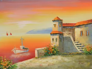 Arte de Nueva York - Original 12X16 Pequeña Pintura al Óleo Estirada-Puesta de sol en la Costa Española - Imagen 1 de 3