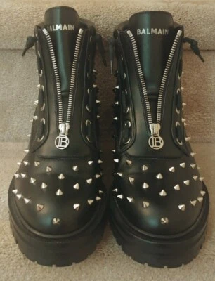Balmain Taiga Hiker Ranger 银色钉黑色皮革凸耳鞋底靴子全新 39 码 — 第 1/4 张图片