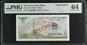 VIETNAM - SPECIMEN 5 DONG 1985 Prefix "AA" PICK# 92s PMG: 64 UNC. #PL2412 - Picture 1 of 2