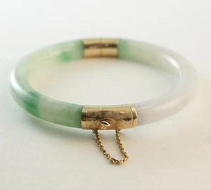 Excelptional Vintage Grade A Jade Bangle Bracelet 14k Yellow Gold - Picture 1 of 8