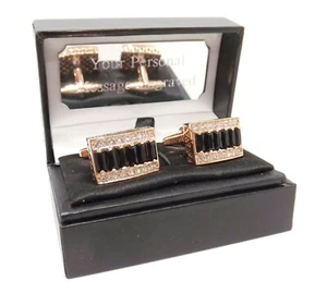 Personalised Black & White Austrian crystal, Rose Gold plate Mens Gift Cufflinks - Picture 1 of 8