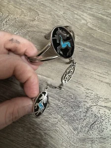 Vintage Sterling Silver Turquoise Unicorn Bracelet Ring/Cuff Slave Chain E - Picture 1 of 3